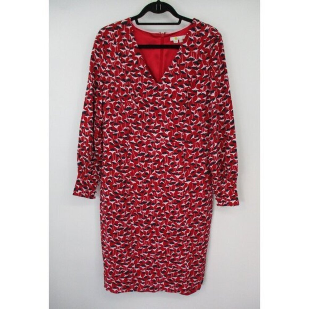 Boden Red Multicolored Floral Lined Long Sleeve V-Neck Dress Womens Size US 12 R
